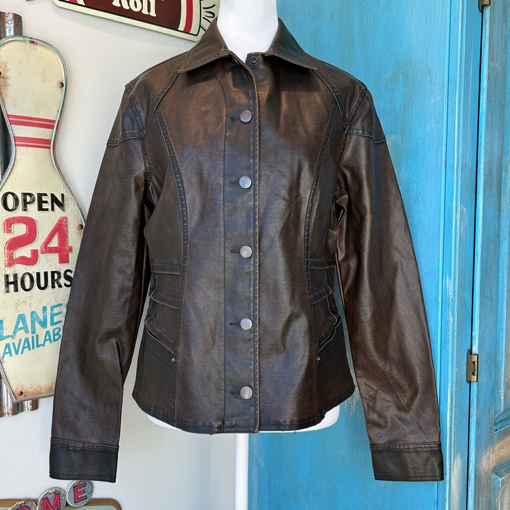 No Boundaries Y2K Brown Faux Leather Jacket Juniors Large Layering City Girl